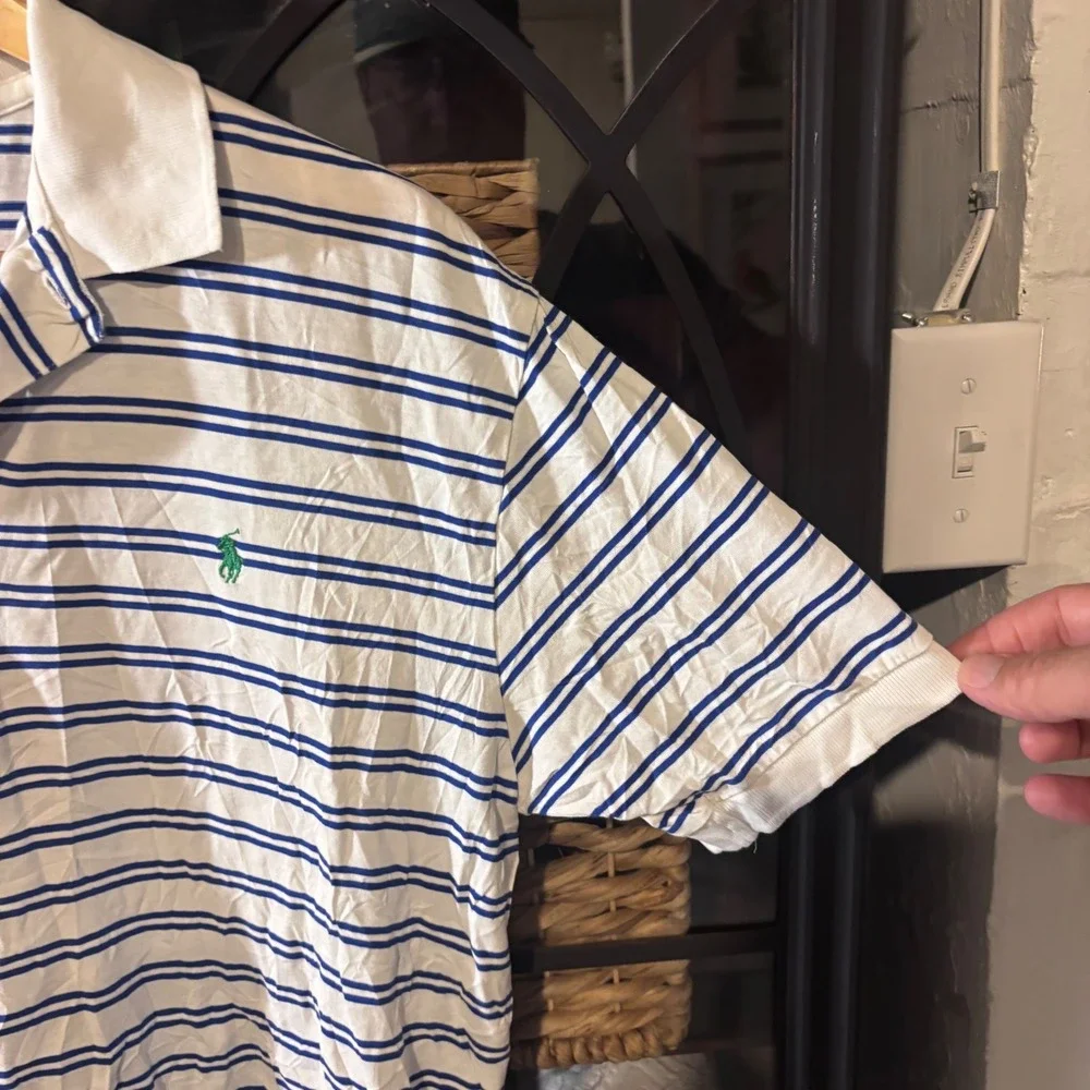 Vintage 90s Polo Ralph Lauren Striped Polo Shirt Medium Blue White Thin USA